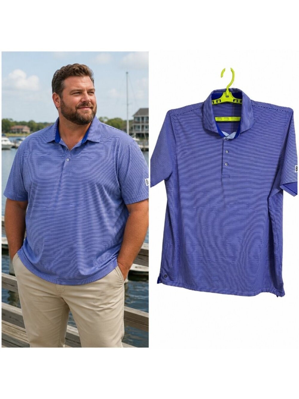 Greyson Men’s Golf Wolf Polo Shirt XXL Blue & White Stripe Stretch Performance